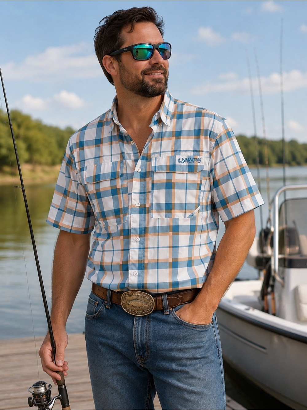 Realtree Blue, Tan & White Plaid Short-Sleeve Button-Down Shirt
